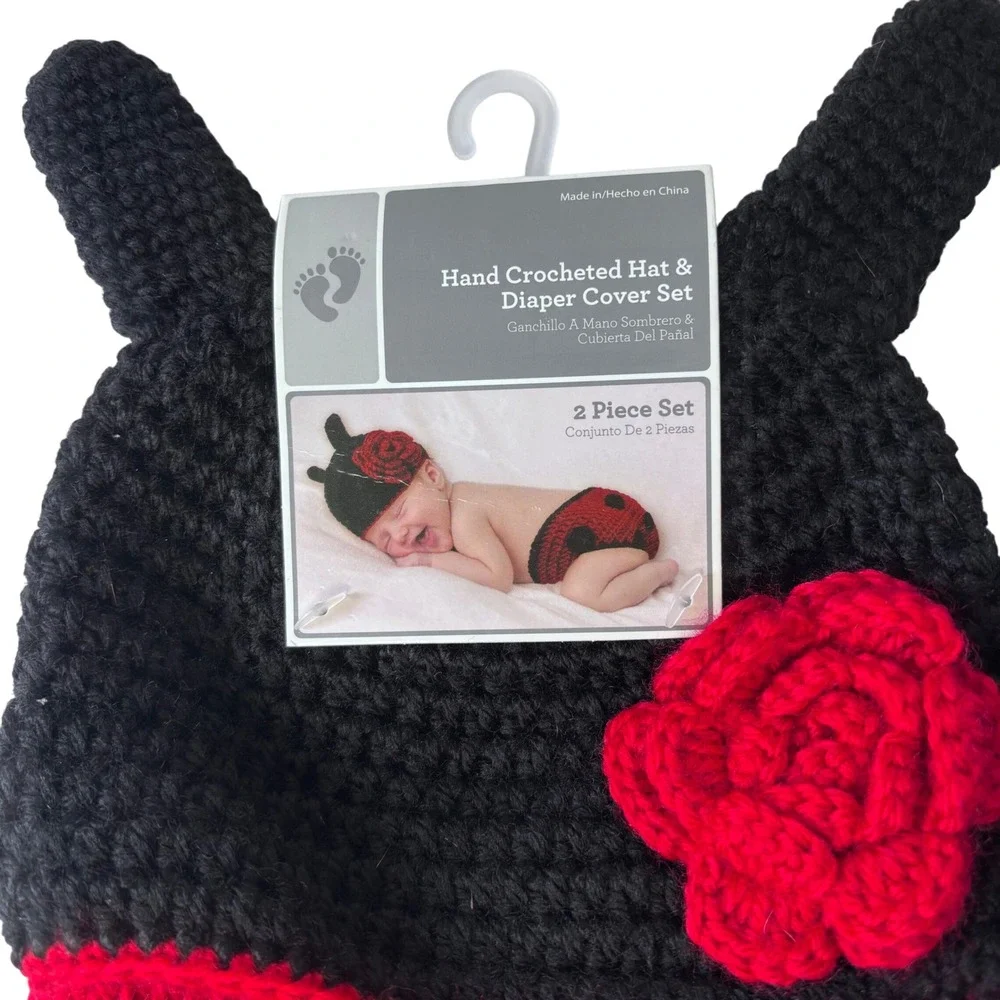 NWT Hand Crocheted Hat & Diaper Cover Set 0-9 Months Ladybug‎ for Baby Photos